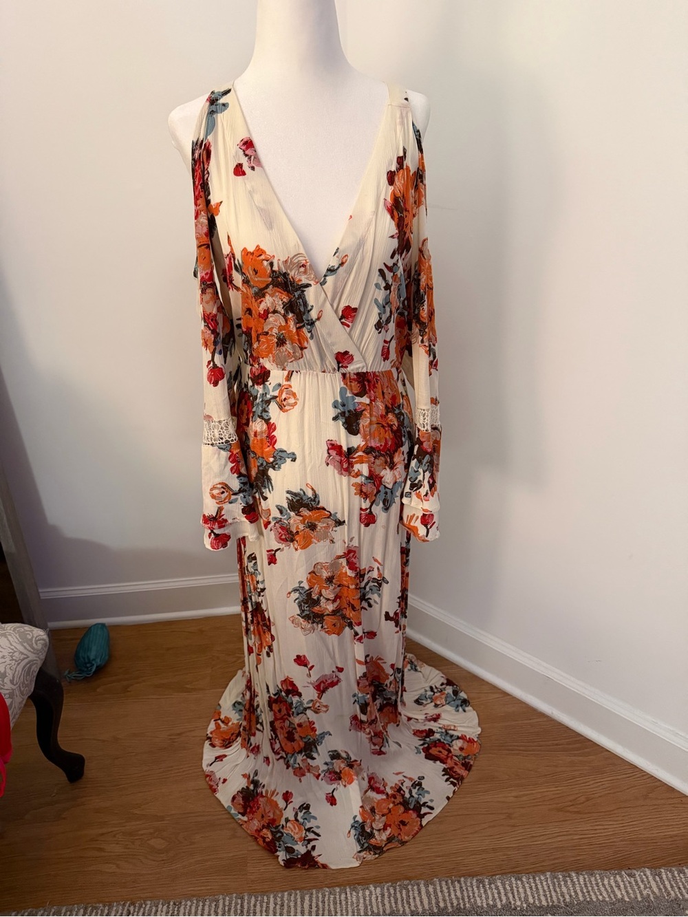 Floral V-Neck Long Sleeve Maxi Dress - Cream with Orange & Red Floral